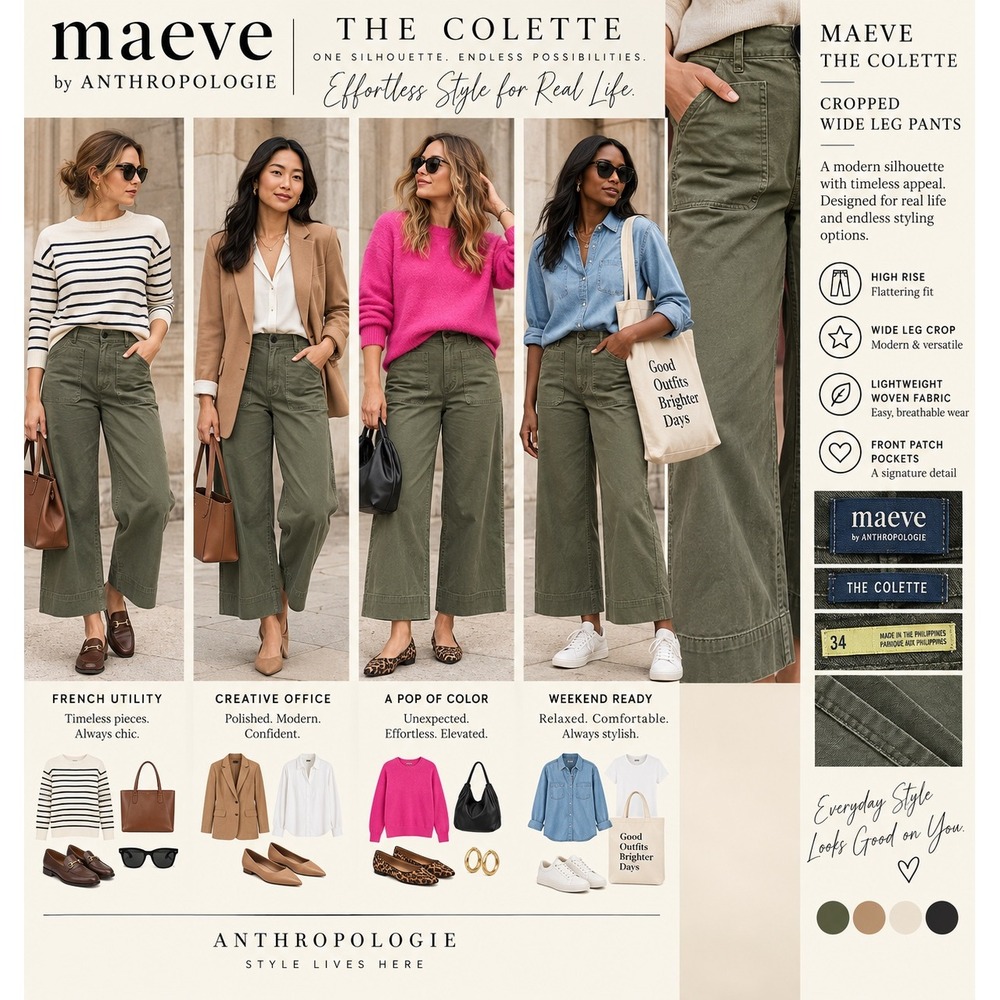 Maeve Anthropologie The Colette Pants 34 Olive Green High Rise Wide Leg Crop